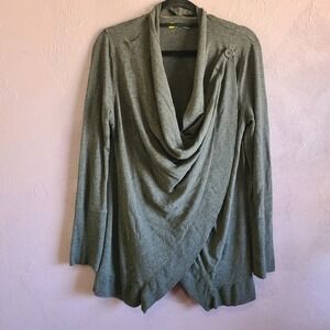 Xersion‎ Cozy Unique Button Cardigan Women Large Grey Draped Ribbed Cuffs Knit L